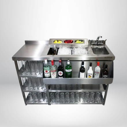 QUẦY PHA CHẾ INOX CÓ RAIL ĐỰNG SIRUP VÀ LY